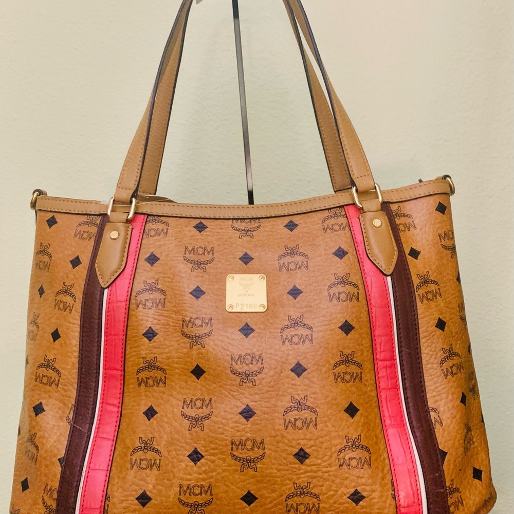 MCM Brown Tote with Red Accents